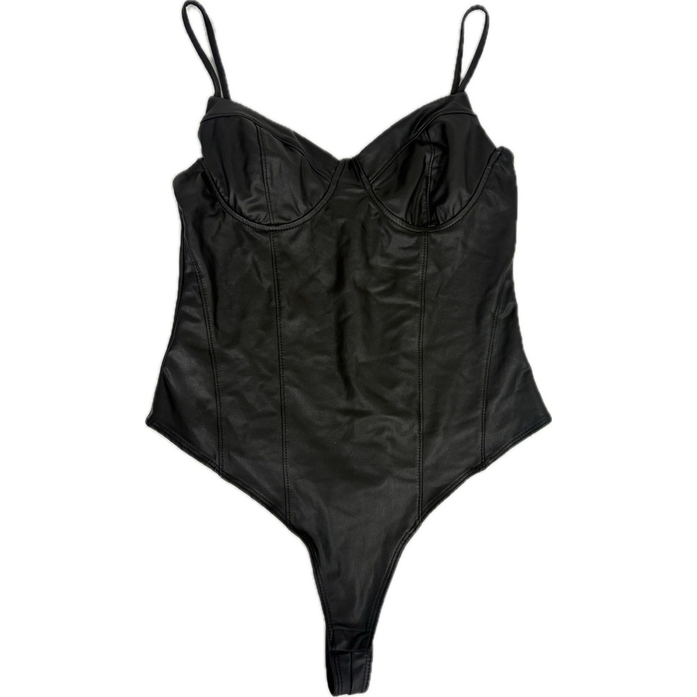 Women's Medium Black Faux Leather Sexy Bodysuit Going Out Blashe Thong